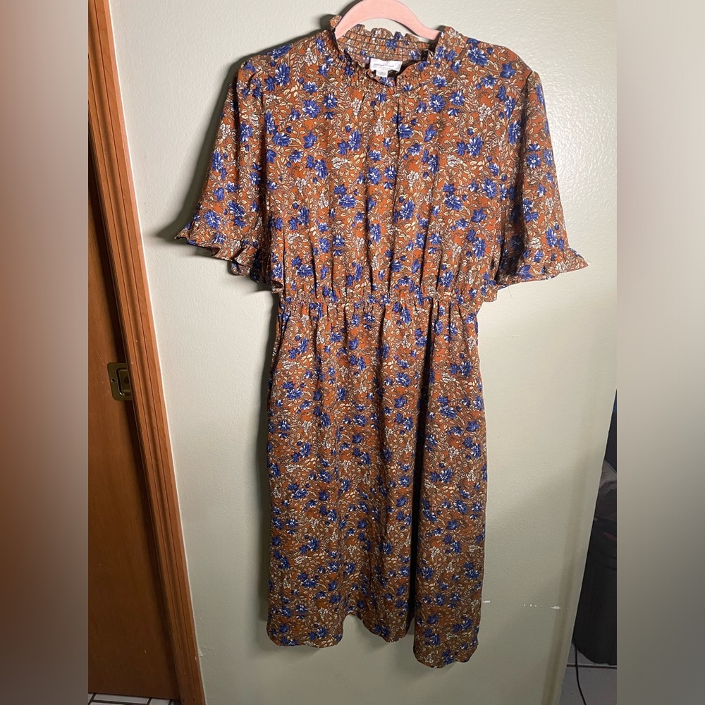 Orange Creek Los Angeles Floral  Ruffles Midi Peasant Dress Short Sleeves Size S